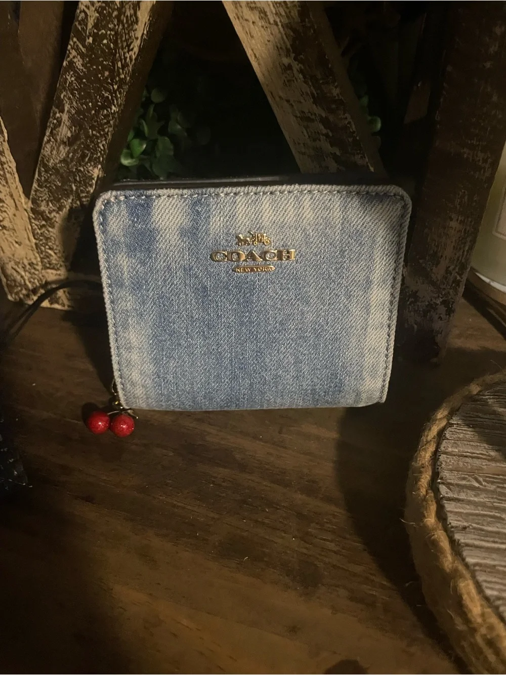 Coach Light Blue Denim Zip Wallet with Red Cherry Charm - Picture 1 of 2